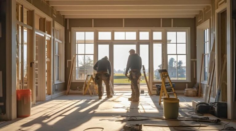 Travailleurs à l'intérieur d'un agrandissement de maison à compléter